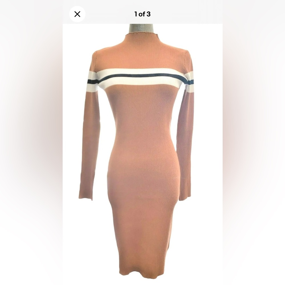 New w/o tag Lulus Tan Ribbed Mock Neck Sweater Dress XS